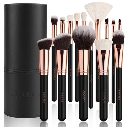 docolor Makeup Brush Set Professional, 15 PCS Black Wood Handle Makeup Brushes, Premium Cruelty-Free Synthetic Fiber Hair, Travel Make up Brushes Set with Case