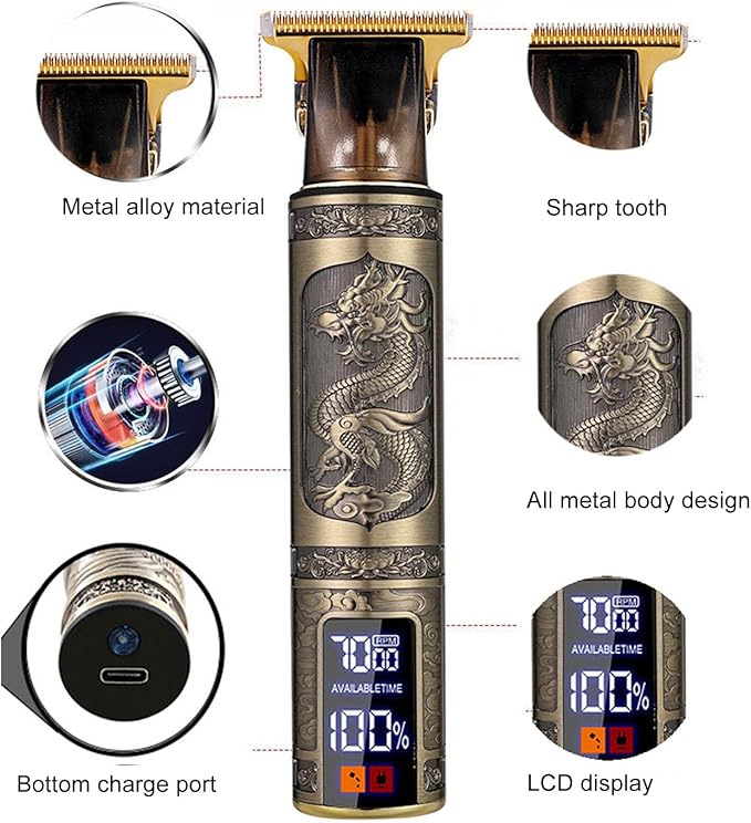 Hair Clippers for Men, Electric Engraved Dragon Hair Trimmer Shaver with Guide Combs, Rechargeable, Efficient Grooming, Quiet, Strong Copper Motor for Standby Haircut
