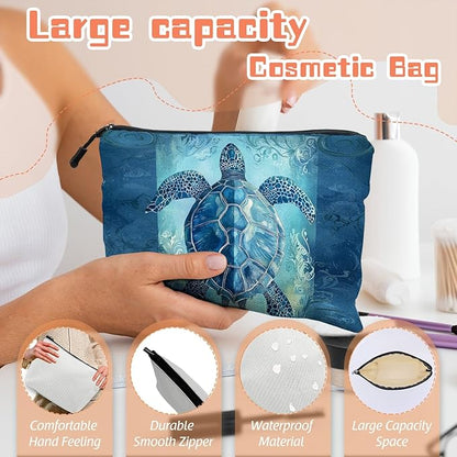 Cosmetic Bags Travel Makeup Toilet Case Waterproof Pouch for Women Girls 6.7X9.45inches - Blue Sea Turtle With Ornamental Patterns