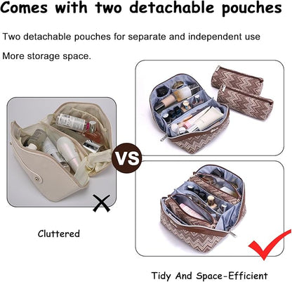 BOYATU Travel Makeup Bag for Women: Western Boho Make up Bag Set of 3 - Large Capacity Vegan Leather Cosmetic Bag - Waterproof Toiletry Bag with Compartments & Handle & Divider(J-2-Brown)
