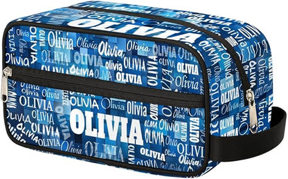 Custom Name Makeup Bag Travel Bag, Toiletry Bag Travel Large Capacity Cosmetic Container Organizer for Shampoo, Blue Geometric Pattern