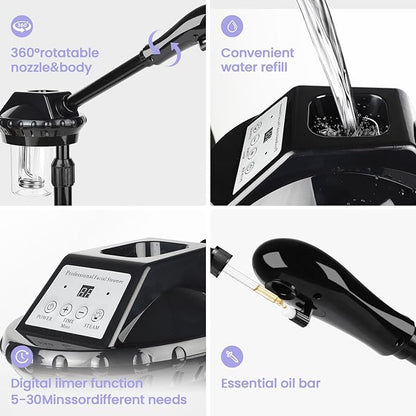 Facial Steamer, Poressional Facial Steamer on Wheels with Timer Function, Ozone Face Steamer for Spa, Salon and at Home Use