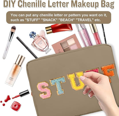 Nylon Large Makeup Bag Travel Pouch for Women, Preppy Big Makeup Bag Cute Cosmetic Zipper Pouch Purse, DIY Chenille Letter Bag Waterproof Toiletry Bag Clutch Make Up Organizer for Women Girls(Khaki)