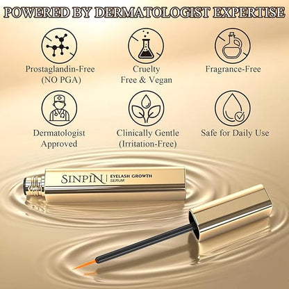 Natural Lash Growth Serum – See Visible Results in 4 Weeks | SINPIN Eyelash Serum without Prostaglandin, Enriched with Biotin, Panthenol & Peptides for Longer, Thicker Lashes, 5ML