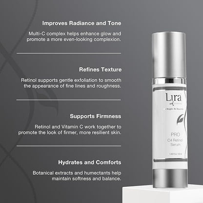 Lira Clinical PRO C4 Retinol Serum - Face Serum with Plant Stem Cells - Vitamin C Brightening Serum with Licorice and Olive Extract - 1.69 Ounce