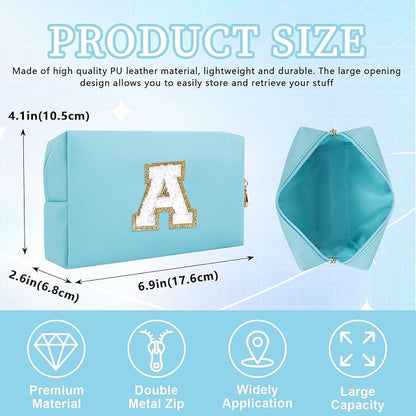 Personalized Initial Letter Patch Makeup Bag, Preppy Portable Chenille Cosmetic Bag with Zipper, PU Leather Waterproof Travel Toiletry Bag Monogram Make Up Pouch for Women Girls