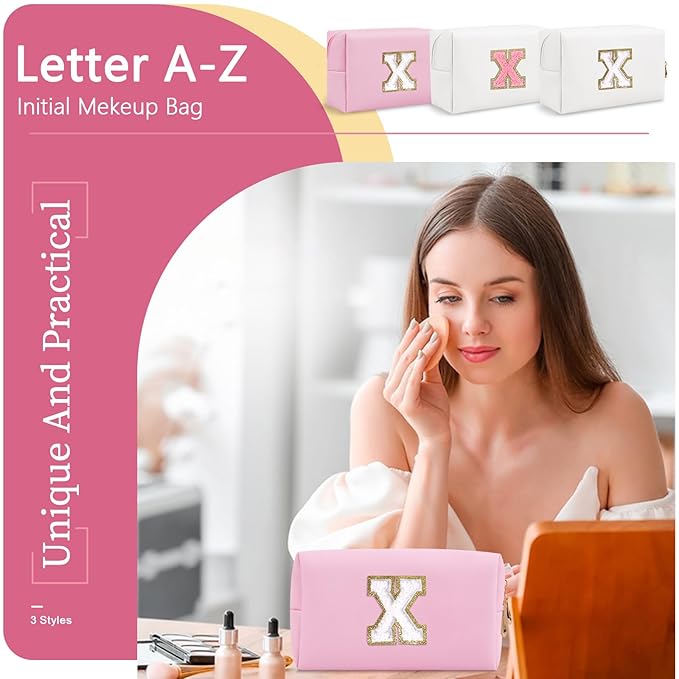 Personalized Initial A-Z Preppy Patch Makeup Bag,Small PU Chenille Letter Cosmetic Bag with Zipper for Teen Girls,Pink Cute Toiletry Organizer Bag,Monogram Makeup Case Gift for Women Girls,Letter X