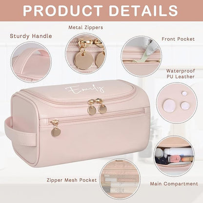 Personalized Makeup Bag for Women, Printed Initials Name Cosmetic Bag with Handle, Customized PU Leather Travel Toiletry Bag for Girls, Gifts for Bridesmaid, Daughter, Wife, Mothers Day