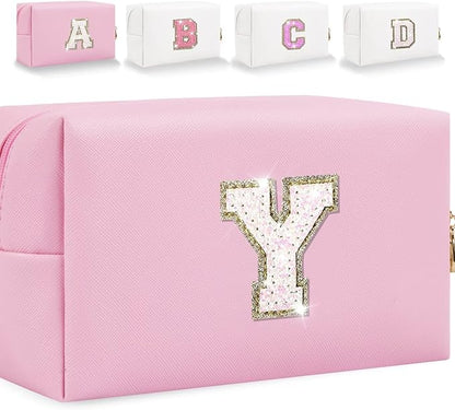 Small Personalized Glitter Initial Letter Makeup Bag, Cute PU Leather Chenille Letters Cosmetic Bag Travel Makeup Pouch, Preppy Travel Organizer Zipper Pouch for Women&Girls（Pink-Y）