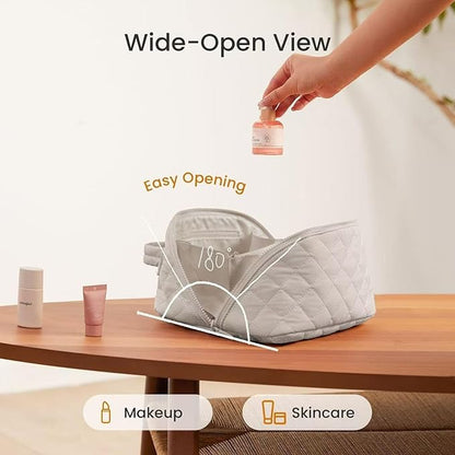 Makeup Bag for Woman, 180° Lay Flat Wide Open Makeup Bags, Large Fold out Washable Cosmetic Case, Quilted Puffy Toiletry Bags for Toiletries (Khaki)