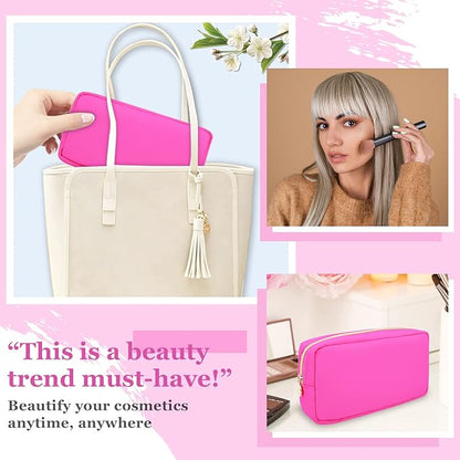 Nylon Small Makeup Bag for Purse, Cute Preppy Makeup Bag Cosmetic Zipper Pouch Purse, Waterproof Portable Travel Toiletry Bag Clutch Makeup Brush Bag Organizer Storage for Women Men Girls(Hot Pink)