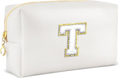 Gifts for Girls Initial Makeup Bag Personalized Cosmetic Bag with Zipper Cute Travel Toiletry Bags Waterproof PU Preppy Makeup Pouch Birthday Gift for Teen Girls Women(White T)