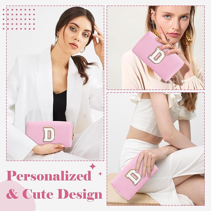Personalized Initial A-Z Preppy Patch Makeup Bag,Small PU Chenille Letter Cosmetic Bag with Zipper for Teen Girls,Pink Cute Toiletry Organizer Bag,Monogram Makeup Case Gift for Women Girls,Letter D