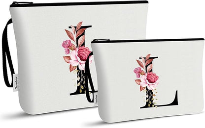 Vavabox A-Z Personalized Makeup Bag, Birthday Gifts for Women Mom, Gifts for Best Friend, Bride Bridesmaid Cosmetic bag (L, 03-White Set)
