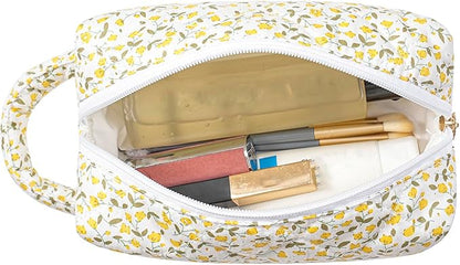 Makeup Bag Travel Cosmetic Bag for Women, Zipper Make Up Pouch, Floral Flowers Toiletry Organizer Makeup with Handle, Cosmetic Travel Cloth Bag (Yellow Floral)