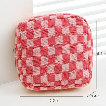 Small Pink Makeup Bag for Purse, Mini Checkered Cosmetic Bag Zipper Cute Make Up Pouch Travel Toiletry Case Quilted Aesthetic Accessories Makeup Storage Bag Organizer for Women Girls
