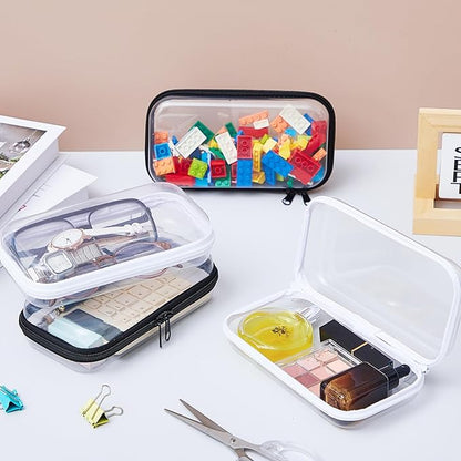 Hoolerry 4 Pcs Hard Clear Zipper Case Makeup Bags Plastic Pencil Pouch Transparent Storage Box Containers for Cosmetics, Snacks, Building Blocks, Puzzles(Black and White,7.5 x 3.9 x 2 in)