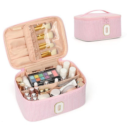 OCHEAL Makeup Bag for Women, Monogram Cosmetic Bag with Brush Holder, Pink Travel Makeup Case Beauty Toiletry Bag Organizer Personalized Gifts for Girls Bridesmaid, Sister, Wife, Friends Initial O