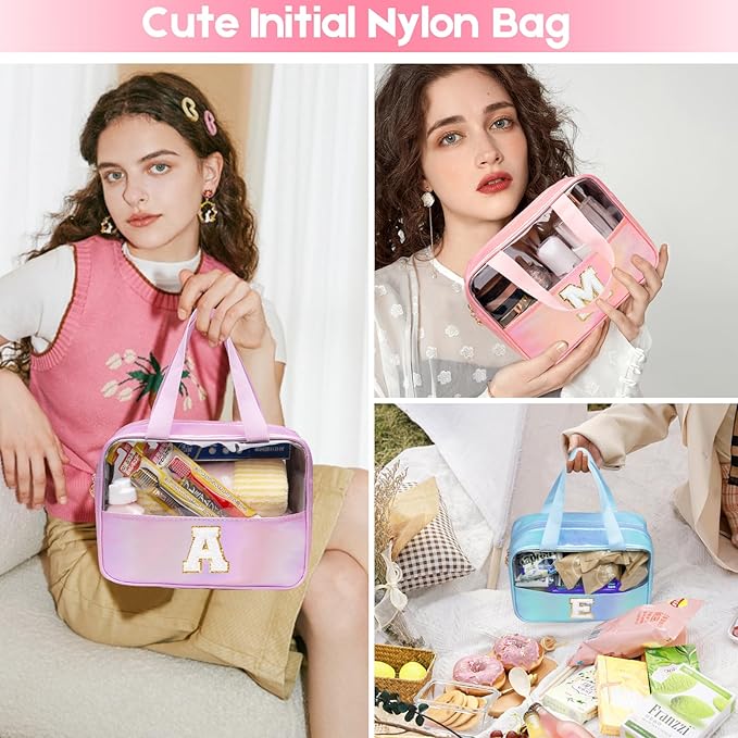 Personalized Initial S Clear Purple Makeup Bag - Large Travel Toiletry Bag, Cute Cosmetic Organizer Set for Girlfriend, Teacher, Teen Girl Gifts