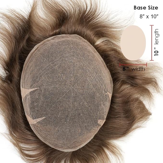Lordhair Toupee for Men European human hair Full French Lace Hairpieces，Base Size 8x10 inch Hair Replacement System for Men Natural Hairline Human Hair Wig#7Light Brown