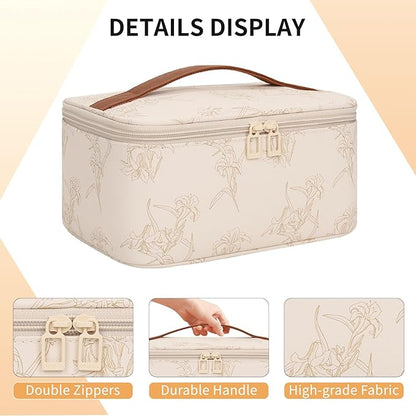 OCHEAL Makeup Bag for Women - Travel Cosmetic Organizer with Brush Slot & Divider, Large Capacity Toiletry Bag for Girls, Travel Makeup Case for everyday Make up Accessories -Beige floral