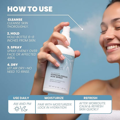 Hypochlorous Acid Spray for Face, Skin, and Body – HOCl Facial Mist Toner, Hydrating Cleanser for Acne, Eczema, Rosacea, Eyelids, Pets, Workout, Baby, Back, Redness, Sensitive Care Spray - 8 oz.
