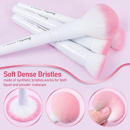 Bueart Design 16Pcs ULTRA SOFT labeled Makeup Brushes set with brush Holder face brush for Foundation Powder Blending Blush wooden Handle(16Pcs White+Pink Holder)
