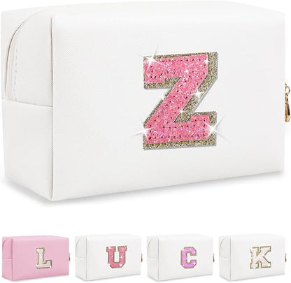 Initial Letter Patch Makeup Bag, Preppy Glitter Letter Pouch Cosmetic Bag,Small PU Travel Toiletry Bag Zipper,Personalized Monogrammed Gift for Friends Sister,Cute Stuff for Women Teen Girls(Letter Z)