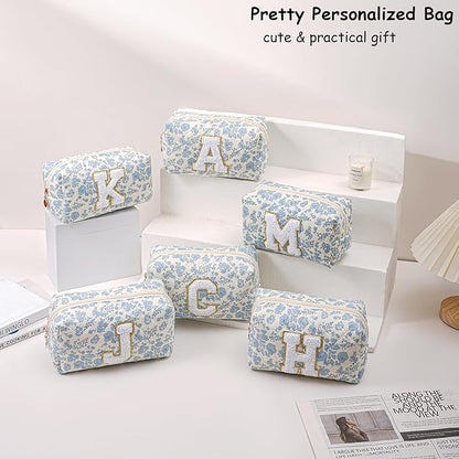 Gleyemor Personalized Initial Makeup Bag for Women, Cute Quilted Blue Floral Cotton Cosmetic Bag, Christmas Gifts for Her Mom Friend Sister Bridesmaid Teacher Women G