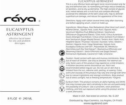 RAYA Eucalyptus Astringent with AHA 8 oz (G-207) | Exfoliating Glycolic Facial Toner for Oily and Break-Out Skin | Helps Balance pH and Dry Up Blemishes | Made with Alpha Hydroxy Acids