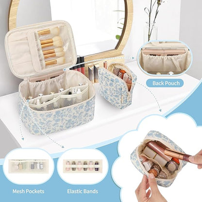 OCHEAL Makeup Bag Set, Portable Travel Makeup Bags Cosmetic Organizer Bag for Women Cute Floral Cosmetic Pouch Large Capacity Make up Bag Toiletry Bags with Divider and Handle-Floral