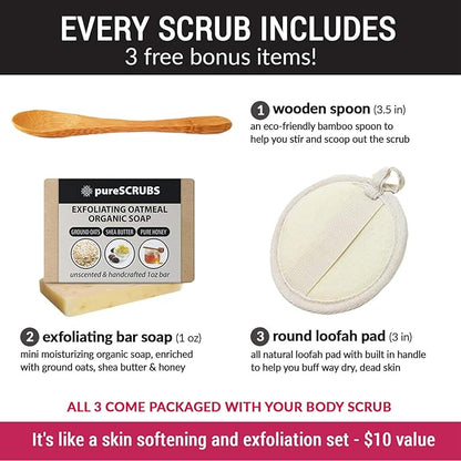 pureSCRUBS Premium Coconut Body Scrub Set - Large 16oz Dead Sea Salt Body Scrub With Infused Essential Oils & Nutrients, Includes Wooden Spoon, Loofah & Oatmeal Exfoliating Bar Soap