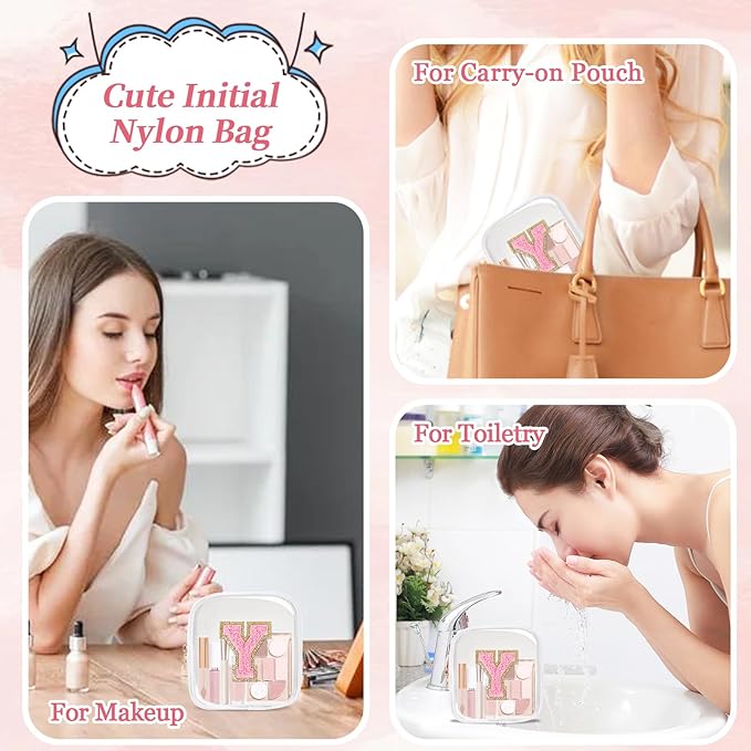 Mini Clear Personalized Initial Makeup Bag, Small Preppy A-Z Chenille Letter Patch Cosmetic Pouch, Transparent PVC & Nylon Waterproof Zip Beach Toiletry Bag,Gift for Women Girls(White-Pink Y)