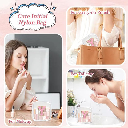 Mini Clear Personalized Initial Makeup Bag, Small Preppy A-Z Chenille Letter Patch Cosmetic Pouch, Transparent PVC & Nylon Waterproof Zip Beach Toiletry Bag,Gift for Women Girls(White-Pink Y)