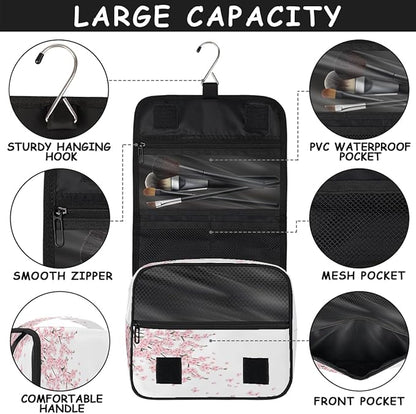 Travel Toiletry Bag for Women & Men Japanese Pink Flower Hanging Cosmetic Organizer Portable Waterproof Makeup Case Make Up Bag with Compartments Travel Essentials for Bathroom Shower