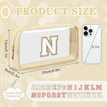 Small Clear Personalized Initial Makeup Bag,Nylon Preppy A-Z Chenille Letter Patch Cosmetic Pouch Beach Toiletry Bag,Waterproof Zipper Travel Purse Storage Bag Organizer for Women Girls(Beige-White N)