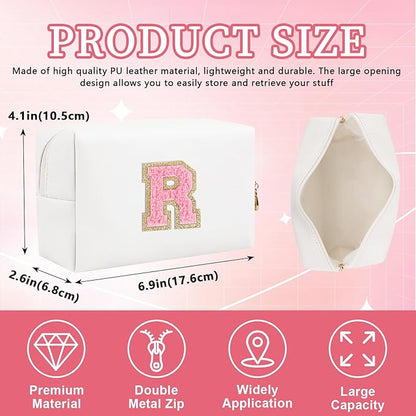 Iqimott Personalized Initial Letter Patch Makeup Bag, Preppy Portable Chenille Letter Cosmetic Bag with Zipper, PU Leather Waterproof Travel Toiletry Bag Monogram Make Up Pouch Girls(Letter R)
