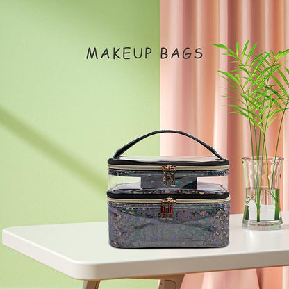 Double-layer Makeup Bag Cosmetic Bag Travel Makeup Cases Organizer Toiletry Bag Gift for Women, Portable Waterproof (Black)