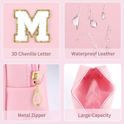 MSQ Personalized Makeup Bag Initial A-Z Patch Bag, PU Leather Cosmetic Bag Pouch Travel Toiletry Bag with Zipper, Gift Ideal for Teen Girls Friend Mom Women Birthday (Pink M)