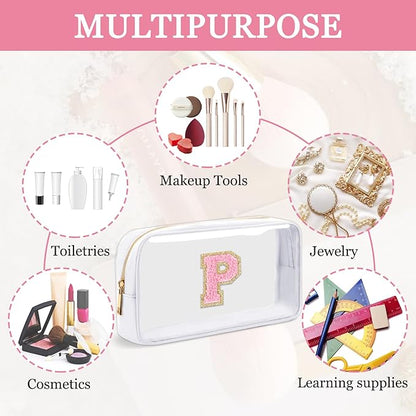 Small Clear Personalized Initial Makeup Bag, Preppy Nylon A-Z Chenille Letter Patch Makeup Organizer TSA Approved Travel Toiletry Bag,Waterproof Zip Beach Cosmetic Pouch Purse for Women(White-Pink P)