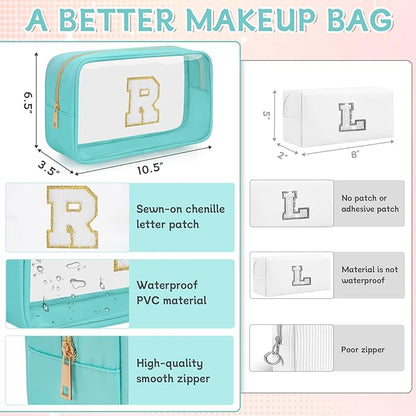 Personalized Initial Clear Makeup Bag, Travel Chenille Patch Cosmetic Bag, Preppy Toiletry Bag Monogram Cosmetic Pouch with Zipper, Ideal Gift for Teen Girls Women (Clear-Green, R)
