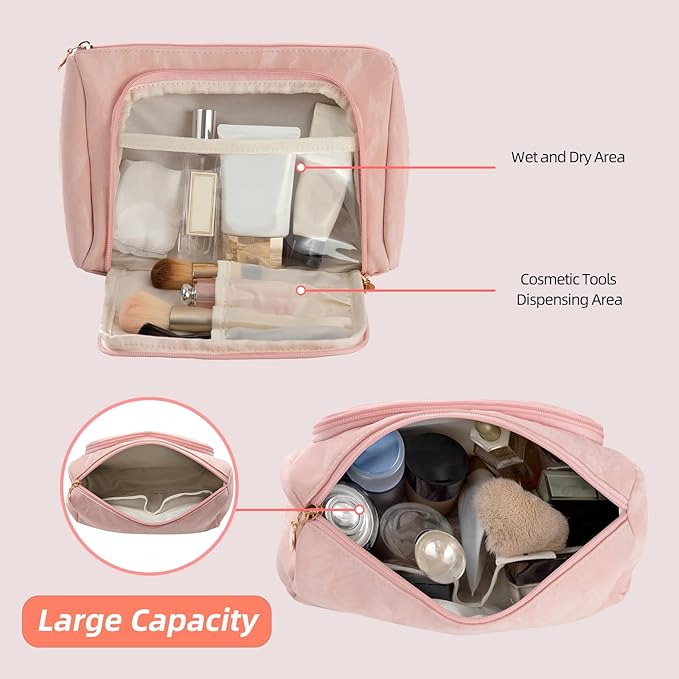 Cosmetic Bag Travel Makeup Bag Large Capacity Small Travel Zipper Pouch Makeup Organizer Bag for Women (Pink-2 Pack)