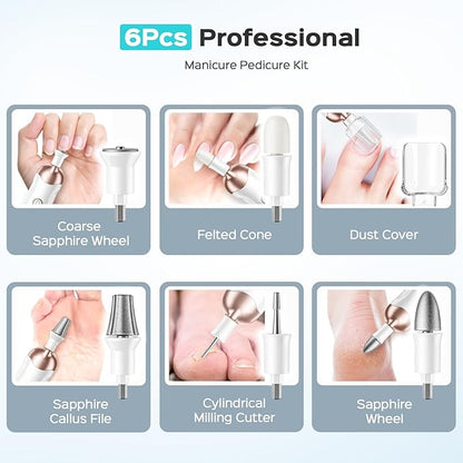 COSLUS Professional Manicure Pedicure Kit: 5 in 1 Electric Nail File Set Toenail Grinder, 5 Speed Cordless Nail Drill for Thick Nail Toenail Cuticle, Hand Feet Trimmer Buffer for Women Men Baby Pets