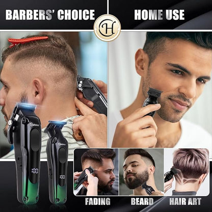 Hatteker Hair Clippers for Men Professional,Clippers and Trimmers Set T-Blade Barber Clippers Set Cordless Clippers Grooming Kit Rechargeable Beard Trimmers Type C Barbers Haircut Kit Green