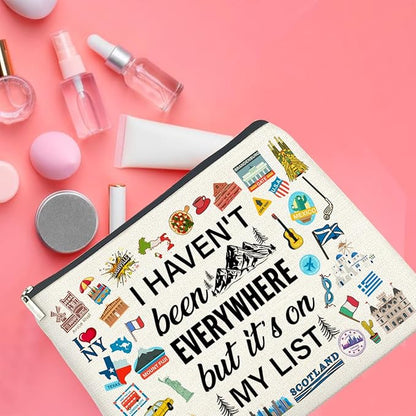 Travel Gifts Makeup Bag, Travelers Gifts for Women, Gifts for Women Who Like to Travel, Adventure I Haven't Been Everywhere But It's on My List Zipper Makeup Pouch