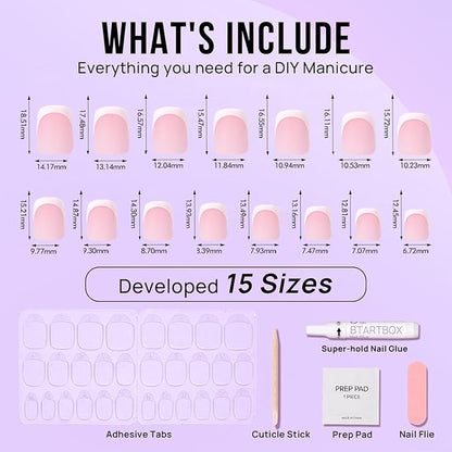 BTArtbox Press On Nails Short - Square French Tip Press On Nails, Fake Nail with Nail Glue, Natural Reusable Stick On Nails in 15 Sizes - 30 Fake Nails Kit, Silken Halo