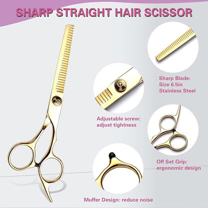 Hair Cutting Scissors Kit 11PCS, Professional Haircut Scissors with Japanese Stainless Steel Shears, Thinning Shears, Haircut Accessories in Leather Case for Salon/Home (Gold)
