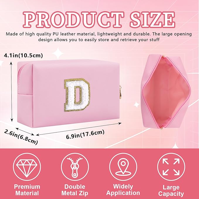 Iqimott Personalized Initial Letter Patch Makeup Bag, Preppy Portable Chenille Letter Cosmetic Bag with Zipper, PU Leather Waterproof Travel Toiletry Bag Monogram Make Up Pouch Girls(Letter D)