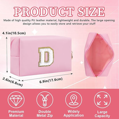 Iqimott Personalized Initial Letter Patch Makeup Bag, Preppy Portable Chenille Letter Cosmetic Bag with Zipper, PU Leather Waterproof Travel Toiletry Bag Monogram Make Up Pouch Girls(Letter D)