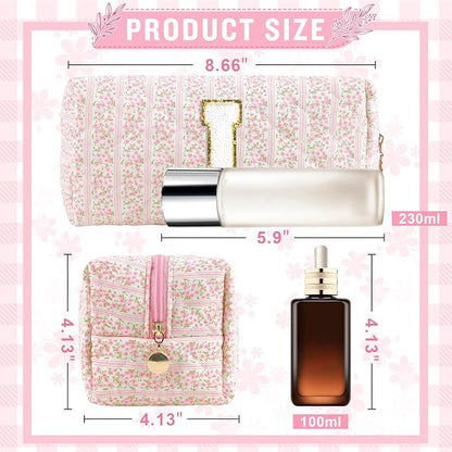 Personalized Quilted Cosmetic Bag, Puffy Monogrammed Christmas Birthday Gifts for Women & Girls, Cute initial Floral Makeup Bag Puffer Coquette Bag, Aesthetic Travel Toiletry Zipper Pouch(Pink,I)